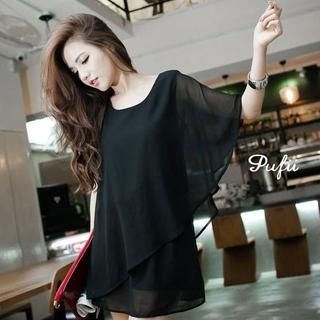 PUFII - Embellished-Shoulder Asymmetric Chiffon Dress With Sash PUFII - Embellished-Shoulder Asymmetric Chiffon Dress With Sash