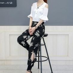 Ekim - 短袖鏤空肩襯衫 / 印花哈倫褲 Ekim - 短袖鏤空肩襯衫 / 印花哈倫褲