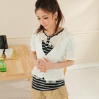 OrangeBear - Crochet-Collar Striped Top