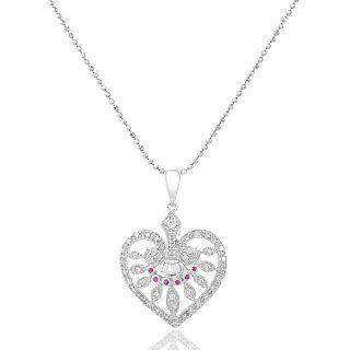 18K White Gold Heart Shape Pendant with Diamonds and Red Sapphire
