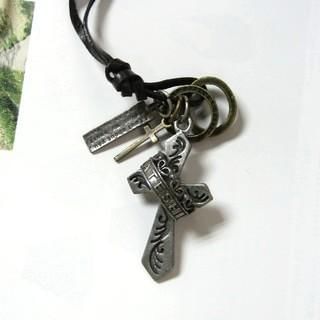 Retro Cross with Crown Leather Necklace