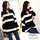 Daily Pink - V-Neck Oversized Striped Sweater