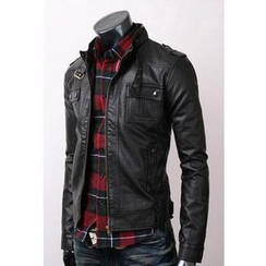 Evolu Fashion - Belted Collar Faux Leather Jacket Evolu Fashion - Belted Collar Faux Leather Jacket