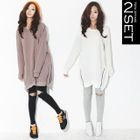 Beccgirl - Set: Zipper Accent Long Sweatshirt + Zipper Accent Leggings