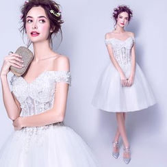 Angel Bridal - 露肩蕾丝贴布绣迷你礼服裙 Angel Bridal - 露肩蕾丝贴布绣迷你礼服裙