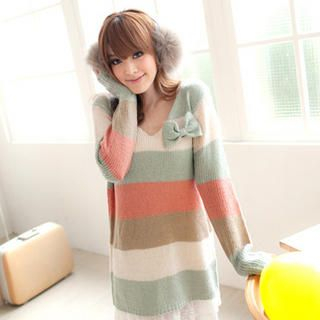 V-Neck Bow-Accent Striped Sweater