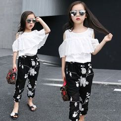 Pegasus - Kids Set: Cold Shoulder Eyelet Lace Top + Floral Pants Pegasus - Kids Set: Cold Shoulder Eyelet Lace Top + Floral Pants
