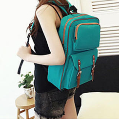Mr.ace Homme - Faux Leather Trim Buckled Backpack Mr.ace Homme - Faux Leather Trim Buckled Backpack
