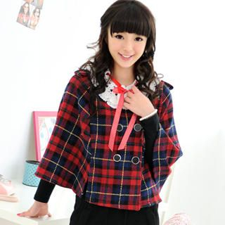 Set:Double Breasted Plaid Capelet + Crochet Collar