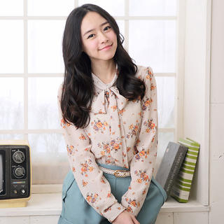 Tie-Neck Floral Chiffon Blouse