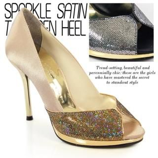 Peep Toe Sequined Satin Pumps