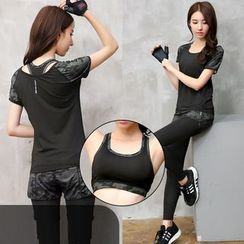 REALLION - Set: Camo Panel Short Sleeve Sports T-Shirt + Sports Bra + Inset Sports Shorts Leggings REALLION - Set: Camo Panel Short Sleeve Sports T-Shirt + Sports Bra + Inset Sports Shorts Leggings