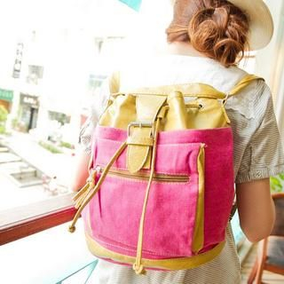 Convertible Faux-Leather Panel Bucket Bag