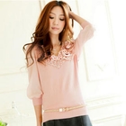 Tokyo Fashion - Rosette-Appliqué Lace-Trim Knit Top
