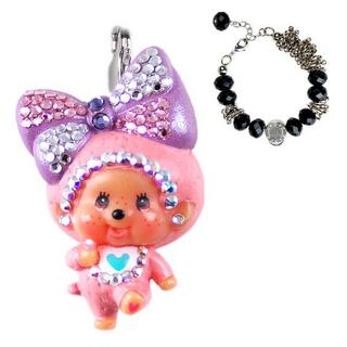 Pink Big Head Ribbon Monchhichi Pendant + Black Agate Stones with Twisted Ring Bracelet