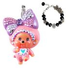 Atelier - Pink Big Head Ribbon Monchhichi Pendant + Black Agate Stones with Twisted Ring Bracelet