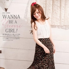 YUMI - 'Floral' Pattern Pleated Chiffon Long Skirt