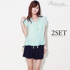 Stylementor - Set: Tab-Sleeve Wrap Shirt + Linen Shorts