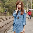 E MAGIC MIRROR - Off-Shoulder Roll-Up Sleeve Denim Shirt