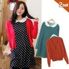 Celli Girl - Set: V-Neck Cardigan + Polka-Dot Long-Sleeve Dress