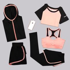 REALLION - Set: Tipped Hooded Jacket + Short Sleeve T-Shirt + Sports Bra + Shorts + Inset Leggings Shorts REALLION - Set: Tipped Hooded Jacket + Short Sleeve T-Shirt + Sports Bra + Shorts + Inset Leggings Shorts