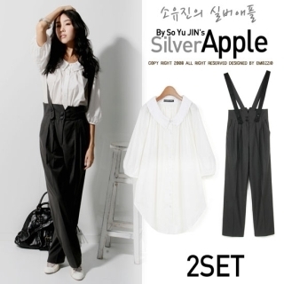 Peasant Sleeved Long Blouse + Slacks with Suspender