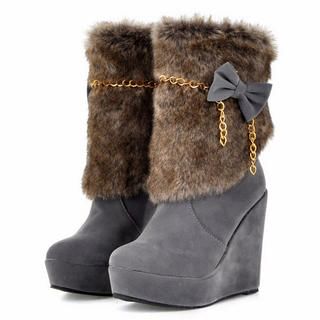 Faux-Fur Bow-Accent Wedge Boots