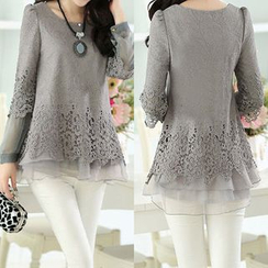 Emeline - Lace Panel Long-Sleeve Flared Chiffon Top Emeline - Lace Panel Long-Sleeve Flared Chiffon Top