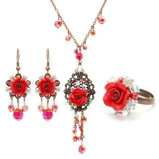 Unique romantic red rose necklace, earrings & ring set