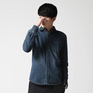 Faux-Leather Trim Washed Denim Shirt