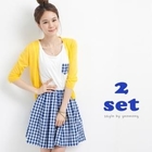 yeomong - Set: 3/4-Sleeve Cardigan + Gingham A-Line Dress