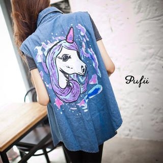 PUFII - Unicorn Printed Long Denim Vest PUFII - Unicorn Printed Long Denim Vest