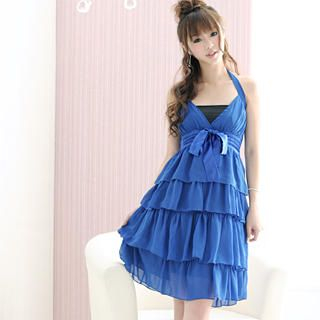 Bow-Accent Layered Chiffon Halter Dress