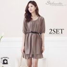 Stylementor - Set: Elbow-Sleeve Pleats-Front Dress + Belt