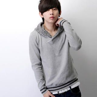 Shawl-Collar Striped-Trim Knit Top