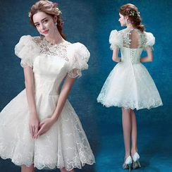 Angel Bridal - 泡泡袖蕾丝礼服裙 Angel Bridal - 泡泡袖蕾丝礼服裙