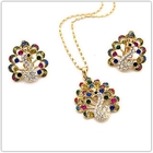 Cuteberry - Set: Rhinestone Peacock Necklace + Earrings