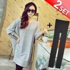 Miss Hong - Set: Dolman-Sleeve Ribbed Dress + Leggings
