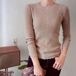 LEELIN - Scallop-Neckline Rib-Knit Top LEELIN - Scallop-Neckline Rib-Knit Top