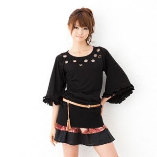 Grommet Neckline Ruffle Trim Top Grommet Neckline Ruffle Trim Top