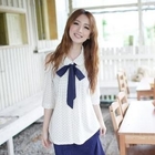 Kiwi Shop - Off-Shoulder 'Heart' Pattern Chiffon Blouse with Tie