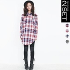 Beccgirl - Set: Plaid Long Shirt + Knee-Patch Leggings