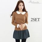 Stylementor - Set: Peter-Pan Collar Knit Top + Pleated Miniskirt