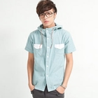 Free Shop - Short-Sleeve Contrast Pocket Hooded Shirt