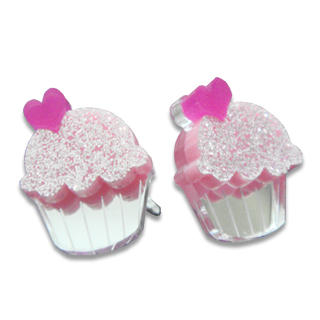 Sweet Glitter Pink Mirror Cupcake Stud Earrings