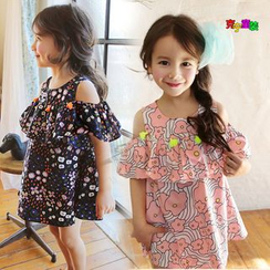 Cuckoo - Kids Floral Print Off Shoulder Short Sleeve Dress Cuckoo - Kids Floral Print Off Shoulder Short Sleeve Dress