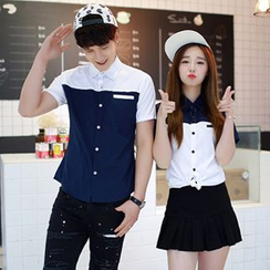 Azure - Couple Two-Tone Short-Sleeved Shirt Azure - Couple Two-Tone Short-Sleeved Shirt