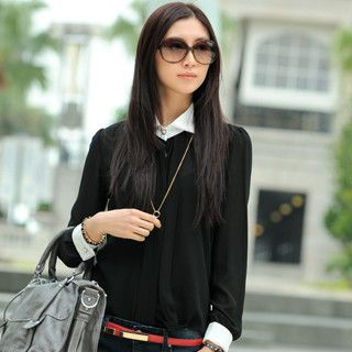 Contrast Collar Trim Chiffon Shirt