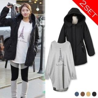 Set: Hooded Drawstring-Waist Parka + Long-Sleeve Printed Dress Set: Hooded Drawstring-Waist Parka + Long-Sleeve Printed Dress