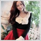 Clair Fashion - Dotted Chiffon-Neckline Long Sleeve Top
